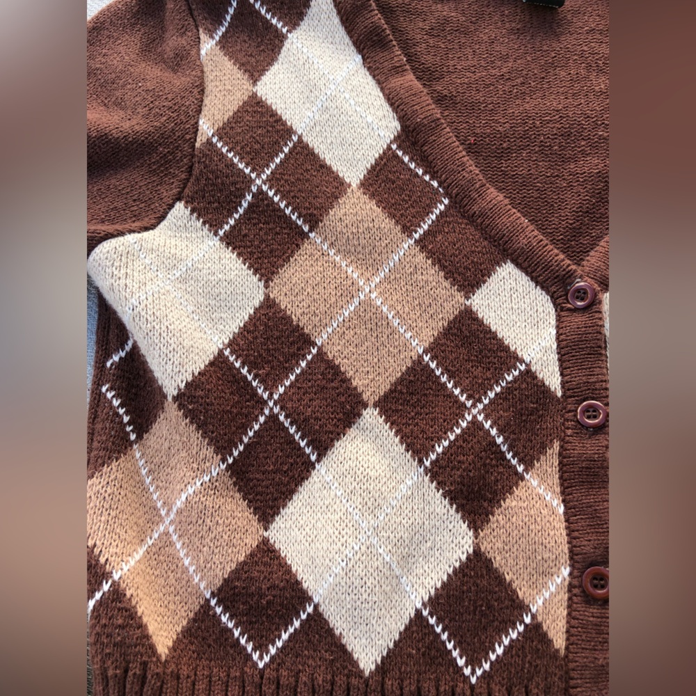 Forever 21 Cropped Cardigan Long Sleeve V-Neck Button Down Argyle Brown Size XS - Picture 4 of 12